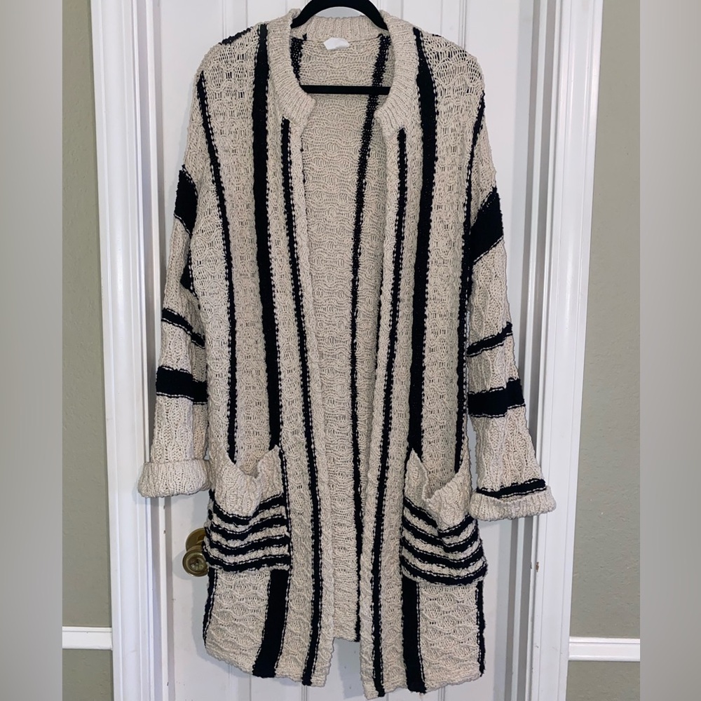 By Together Cream and Black Striped Long‎ Cardigan